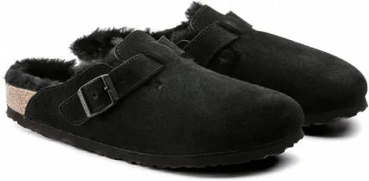 Birkenstock Pantoffels Boston narrow Shearling Veloursleder Suede Zwart
