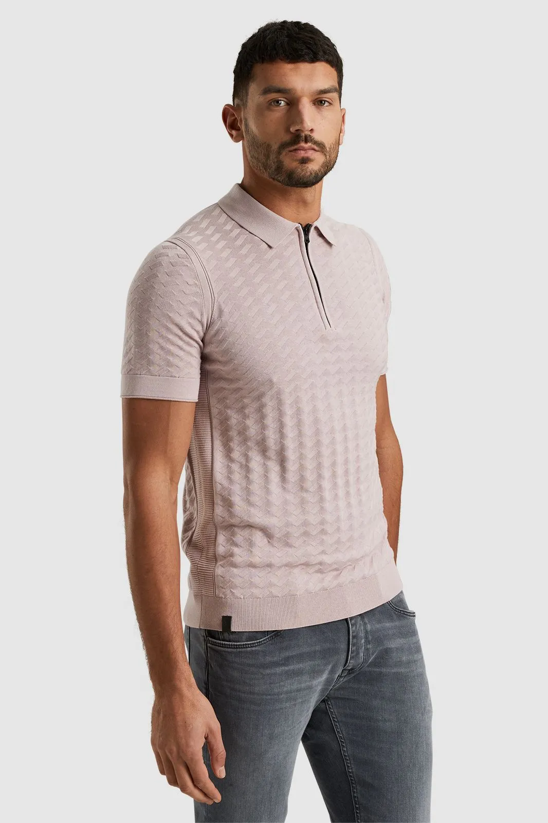 Cast Iron  Knitted Half Zip Poloshirt Structuur Roze