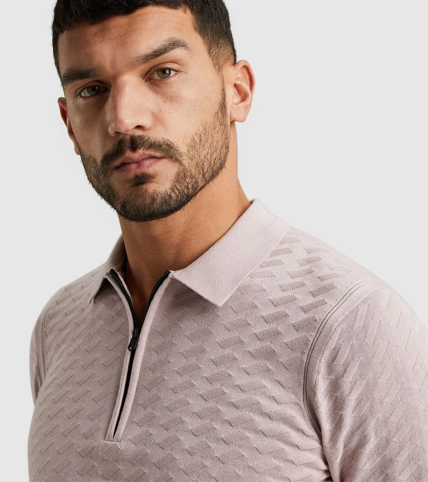 Cast Iron  Knitted Half Zip Poloshirt Structuur Roze