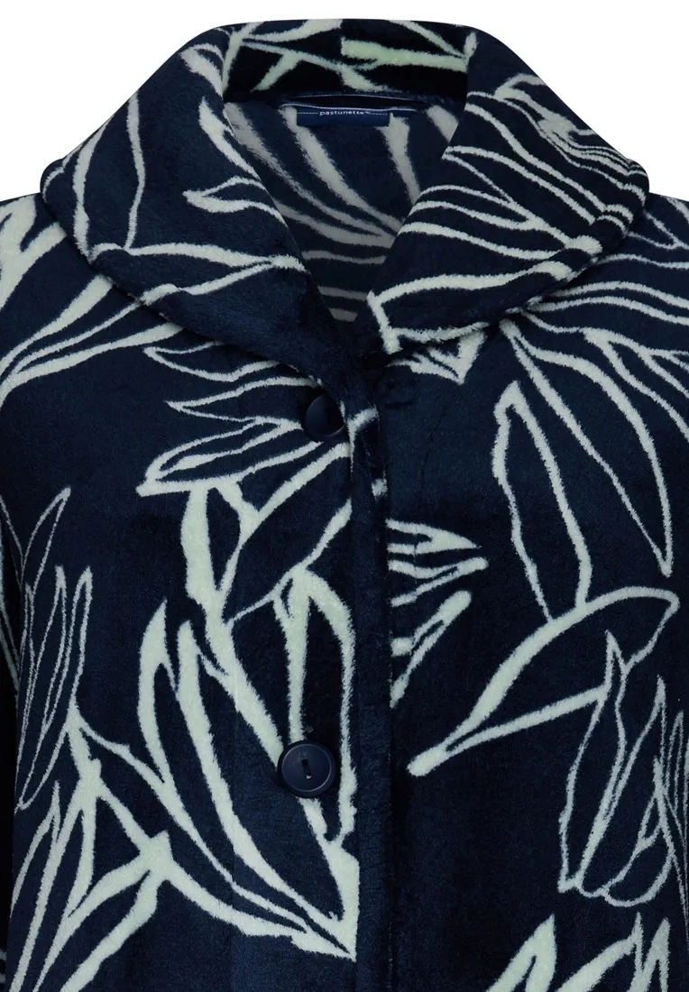 Pastunette donkerblauwe warme fleece doorknoop dames ochtendjas 'mega blooms'