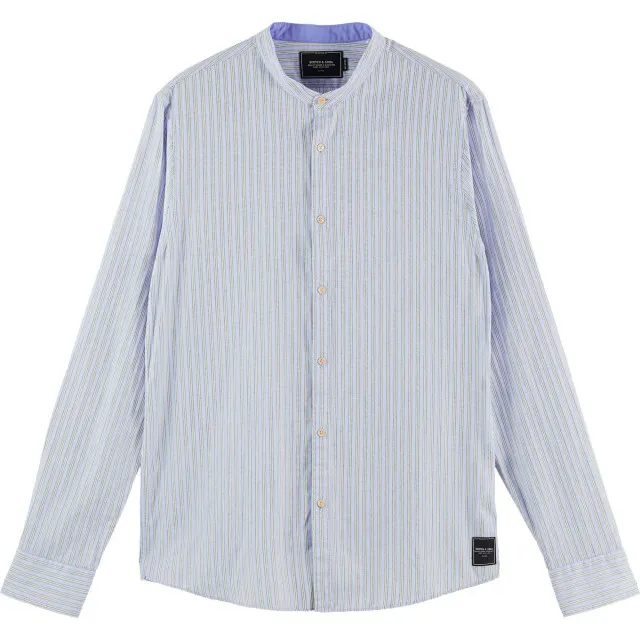 SCOTCH & SODA RELAXED FIT COLLARLESS SHIRT IN BLUE STRIPED