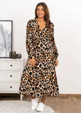VILA Dames Viscose Jurk met knopen en leo-opdruk zwart bruin
